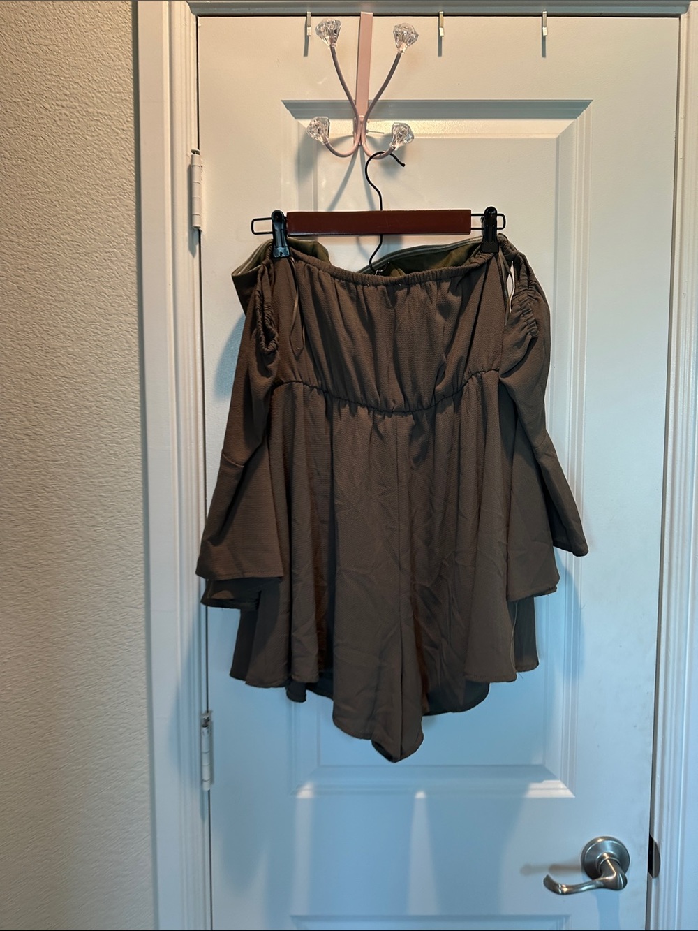 L'ATISTE Olive Green Ruched romper.  Off the shoulder sleeves - Picture 3 of 3